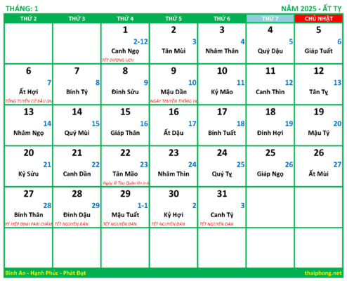 Lịch tháng 1 năm 2025 - Ất Tỵ