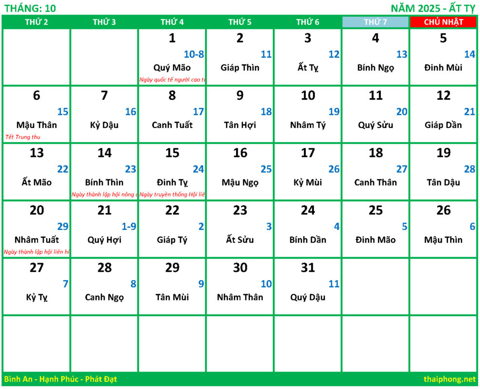 Lịch tháng 10 năm 2025 - Ất Tỵ