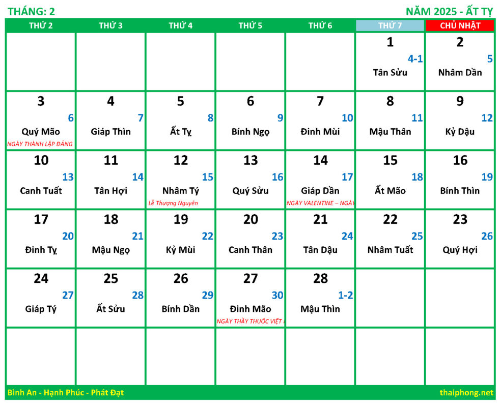 Lịch tháng 2 năm 2025 - Ất Tỵ