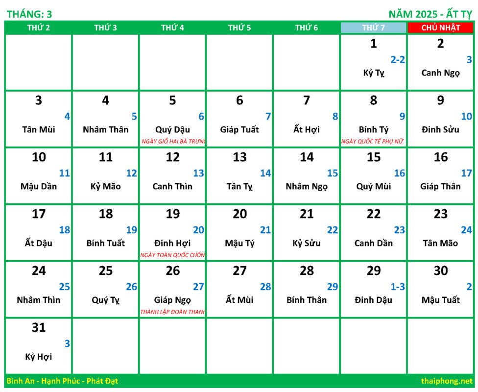 Lịch tháng 3 năm 2025 - Ất Tỵ