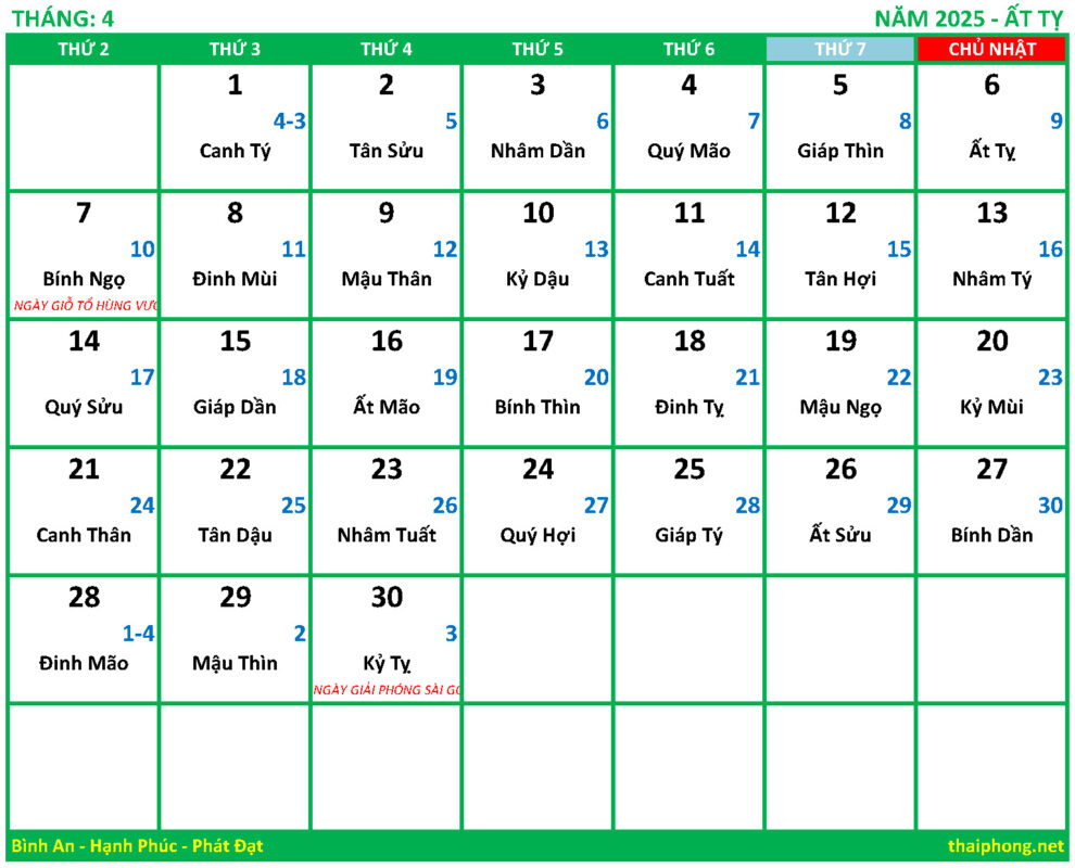 Lịch tháng 4 năm 2025 - Ất Tỵ