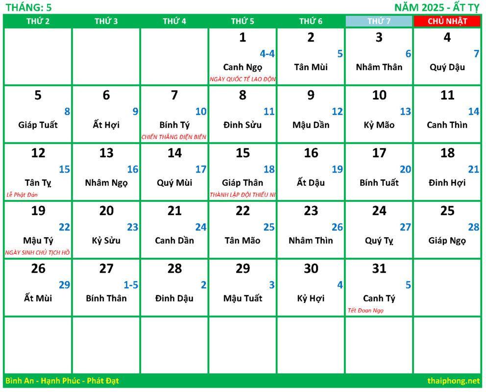 Lịch tháng 5 năm 2025 - Ất Tỵ