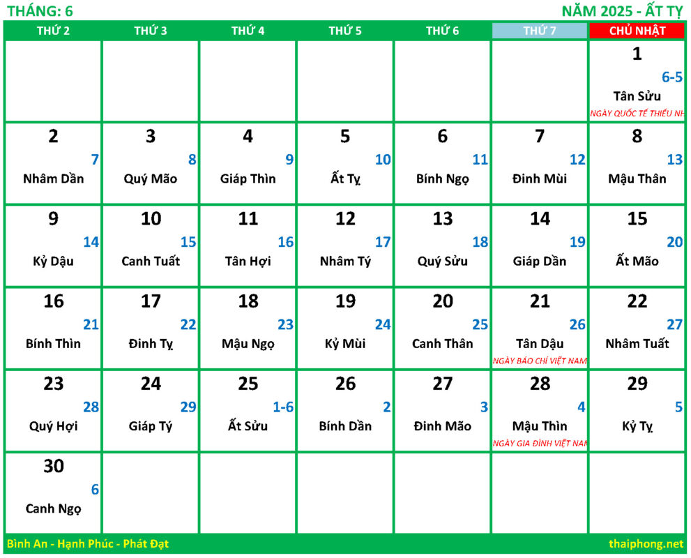 Lịch tháng 6 năm 2025 - Ất Tỵ