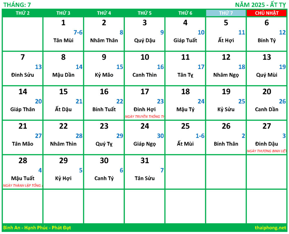 Lịch tháng 7 năm 2025 - Ất Tỵ