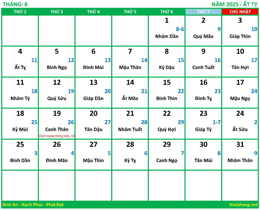 Lịch tháng 8 năm 2025 - Ất Tỵ