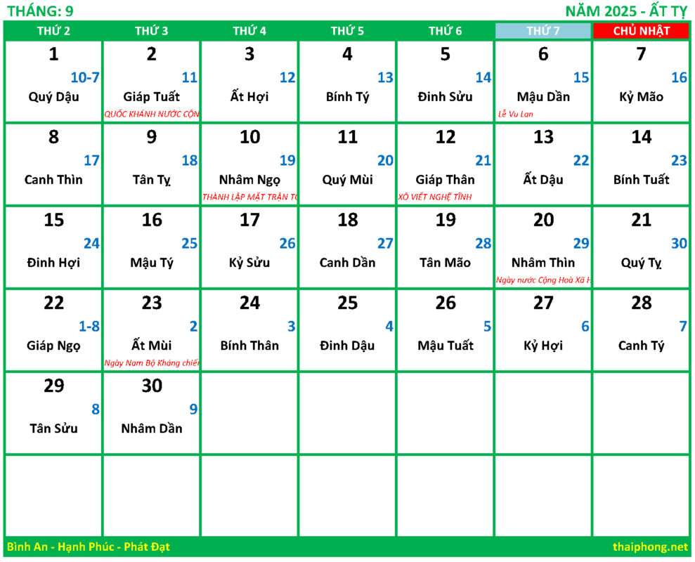 Lịch tháng 9 năm 2025 - Ất Tỵ